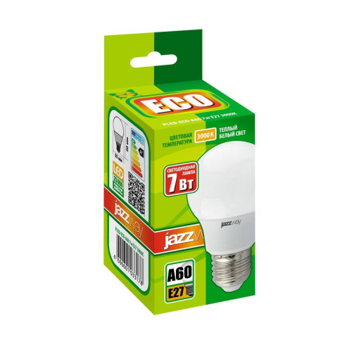 Лампа светодиодная PLED-ECO 7Вт A60 грушевидная 3000К тепл. бел. E27 570лм 230В JazzWay 1033178 Лампа светодиодная PLED-ECO 7Вт A60 грушевидная 3000К тепл. бел. E27 570лм 230В JazzWay 1033178