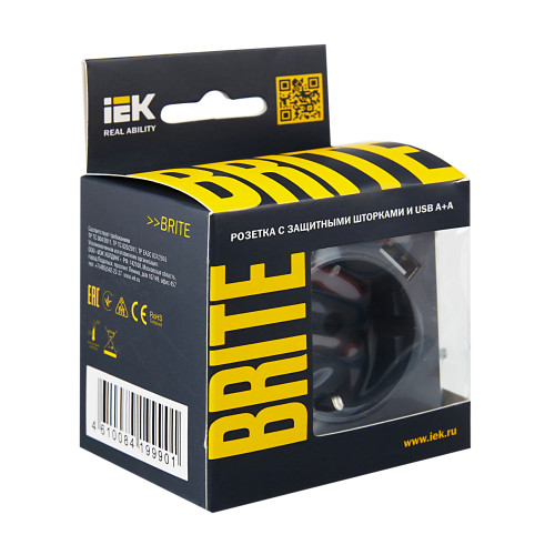 BRITE Розетка 1-местная с заземлением с защитными шторками 16А с USB A+A 5В 3,1А РЮш10-2-БрМ маренго IEK BRITE Розетка 1-местная с заземлением с защитными шторками 16А с USB A+A 5В 3,1А РЮш10-2-БрМ маренго IEK