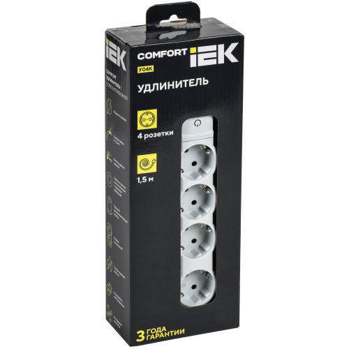 COMFORT Удлинитель У04К 4 места 2P+PE 1,5м 3х1,5мм2 16А белый IEK COMFORT Удлинитель У04К 4 места 2P+PE 1,5м 3х1,5мм2 16А белый IEK