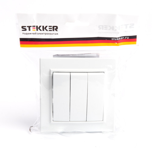Выключатель 3-клавишный STEKKER PSW10-9007-01, 250В, 10А, серия Эрна, белый Выключатель 3-клавишный STEKKER PSW10-9007-01, 250В, 10А, серия Эрна, белый