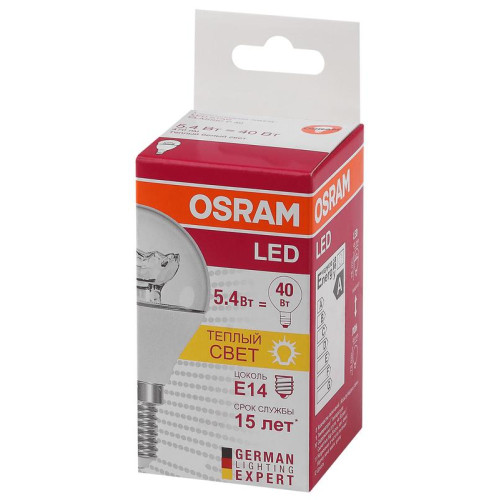 Лампа светодиодная LED STAR CLASSIC P 40 5.4W/830 5.4Вт шар прозрачная 3000К тепл. бел. E14 470лм 220-240В пластик. OSRAM 4052899971622 Лампа светодиодная LED STAR CLASSIC P 40 5.4W/830 5.4Вт шар прозрачная 3000К тепл. бел. E14 470лм 220-240В пластик. OSRAM 4052899971622