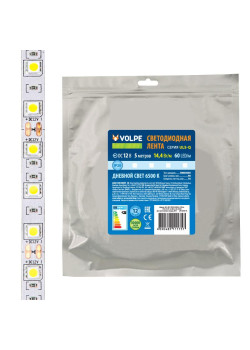 Лента светодиодная 5050-60LED/m-10mm-IP20-DC12V-14.4W/m-5M-3000K (уп.5м) Volpe UL-00004353