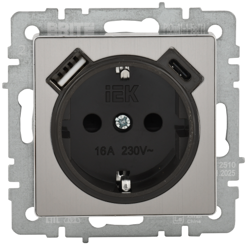 BRITE Розетка 1-местная с заземлением с защитными шторками 16А с USB A+C 18Вт РЮш11-1-БрГН металл хром/никель IEK