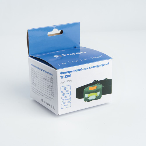 Фонарь налобный Feron TH2301 с аккумулятором 3W 1COB USB IP44, пластик Фонарь налобный Feron TH2301 с аккумулятором 3W 1COB USB IP44, пластик