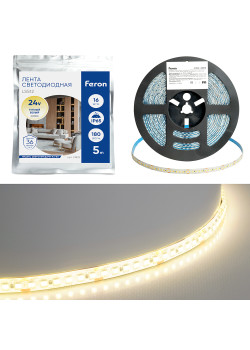 Светодиодная LED лента Feron LS512, 180SMD(2835)/м 16Вт/м 24V 5000*10*2.3мм 3000К IP65