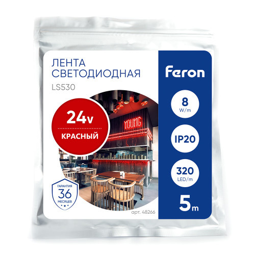 Светодиодная COB лента Feron LS530 320SMD(2110) 10Вт/м 24V 5000*8*1,8мм IP20, красный Светодиодная COB лента Feron LS530 320SMD(2110) 10Вт/м 24V 5000*8*1,8мм IP20, красный