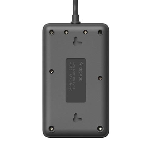 Удлинитель с сетевым фильтром 3х5м 10А 4USB + 2USBC 2500Вт ПВС 3х1 прямоуг. черн. КОСМОС FKsmPR-5m-3g(B)USB