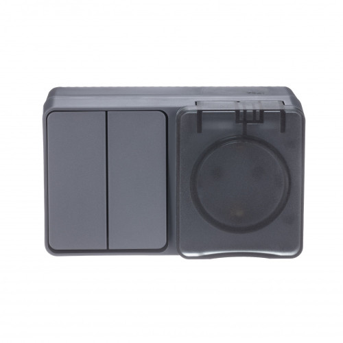 ATLASDESIGN PROFI IP54 О/У БЛОК: РОЗЕТКА с заземл. со шт., 16А, ВЫКЛЮЧАТЕЛЬ 2-клав., 10АХ, АНТРАЦИТ