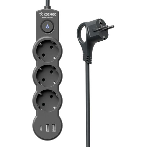 Удлинитель 3х3м с заземл. 10А IP20 USB 2800Вт 220В ПВС 3х1 с выкл. черн. КОСМОС YKsm3m3g-Z-VU10А-B Удлинитель 3х3м с заземл. 10А IP20 USB 2800Вт 220В ПВС 3х1 с выкл. черн. КОСМОС YKsm3m3g-Z-VU10А-B