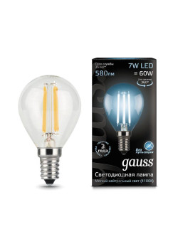 Лампа светодиодная филаментная Black Filament 7Вт P45 шар 4100К нейтр. бел. E14 580лм GAUSS 105801207
