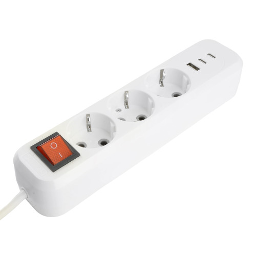 Удлинитель 3-местный с/з с выключ. STEKKER HM071-31-03 3x1мм2, 3м, 250В, 16А, 1USB+2C, 2.4A, сер Home, белый