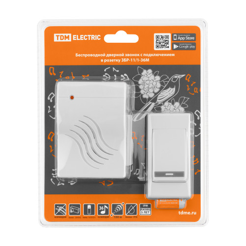 Звонок беспроводной в розетку ЗБР-11/1-36М (36 мелодий, кнопка IP30, AC 230V) TDM