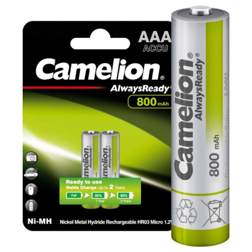 Аккумулятор AAA/HR03 Ni-MH Always Ready 1.2В 800мА.ч NH-AAA800ARBP2 BL-2 металлик (блист.2шт) Camelion 7965 Аккумулятор AAA/HR03 Ni-MH Always Ready 1.2В 800мА.ч NH-AAA800ARBP2 BL-2 металлик (блист.2шт) Camelion 7965