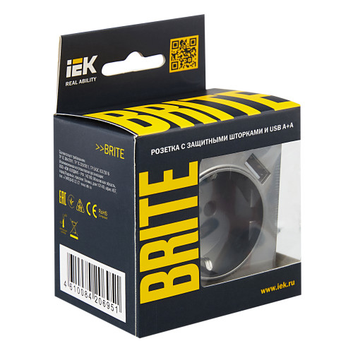 BRITE Розетка 1-местная с заземлением с защитными шторками 16А с USB A+A 5В 2,1А РЮш10-1-БрС сталь IEK BRITE Розетка 1-местная с заземлением с защитными шторками 16А с USB A+A 5В 2,1А РЮш10-1-БрС сталь IEK