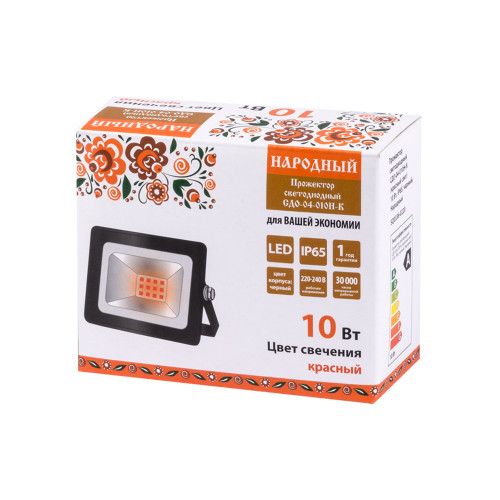 Прожектор светодиодный СДО-04-010Н-К (красный свет) 10 Вт, IP65, черный, Народный Прожектор светодиодный СДО-04-010Н-К (красный свет) 10 Вт, IP65, черный, Народный