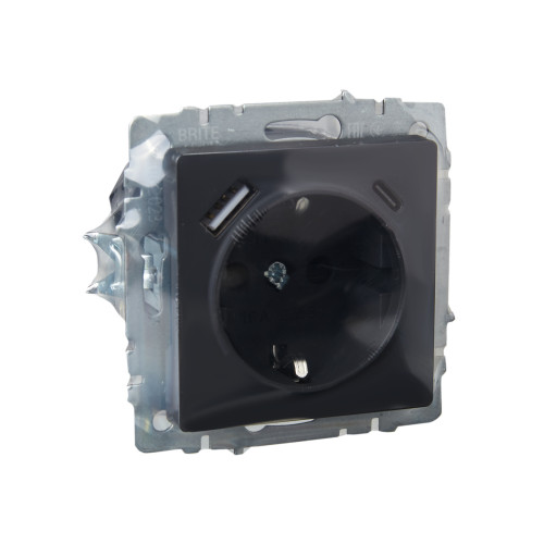 BRITE Розетка 1-местная с заземлением с защитными шторками 16А с USB A+C 18Вт РЮш11-1-БрГ графит IEK