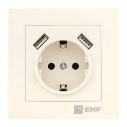 Валенсия розетка 1-местная с/з 16А кремовая с защ. штор. с 2 USB 2,1А EKF