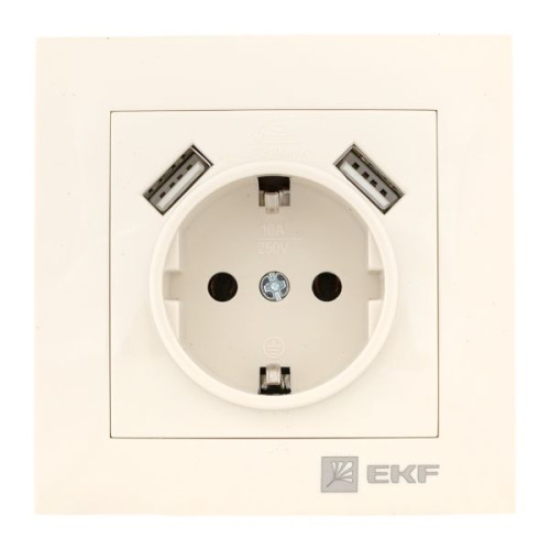 Валенсия розетка 1-местная с/з 16А кремовая с защ. штор. с 2 USB 2,1А EKF
