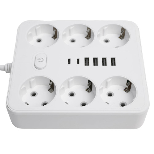 Удлинитель 6-местный c/з 3x1 мм2, 3 м, 250В, 10А, 4USB+2Type-C 2,4А, серия Home plus, белый STEKKER HM09-66-02 Удлинитель 6-местный c/з 3x1 мм2, 3 м, 250В, 10А, 4USB+2Type-C 2,4А, серия Home plus, белый STEKKER HM09-66-02