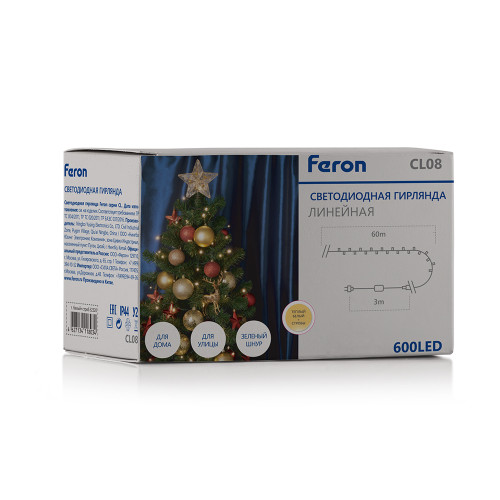 Светодиодная гирлянда Feron CL08 линейная 60м + 3м 230V 2700К, c питанием от сети, эффектом стробов, зеленый шнур Светодиодная гирлянда Feron CL08 линейная 60м + 3м 230V 2700К, c питанием от сети, эффектом стробов, зеленый шнур