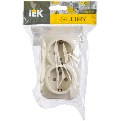 GLORY Розетка 2-местная для открытой установки с заземлением с защитными шторками 16А РСш22-3-ХК кремовый IEK GLORY Розетка 2-местная для открытой установки с заземлением с защитными шторками 16А РСш22-3-ХК кремовый IEK