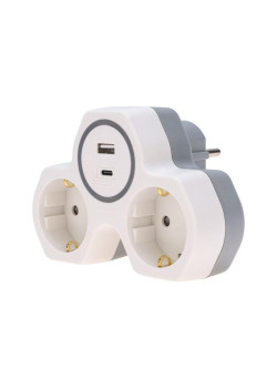Разветвитель 2-м 16А + USB-A + USB-C с заземл. защ. шторки бел. Rexant 11-1253