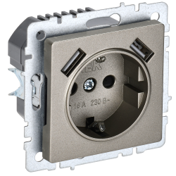 BRITE Розетка 1-местная с заземлением с защитными шторками 16А с USB A+A 5В 2,1А РЮш10-1-БрШ шампань IEK