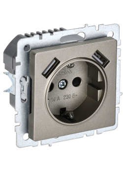 BRITE Розетка 1-местная с заземлением с защитными шторками 16А с USB A+A 5В 2,1А РЮш10-1-БрШ шампань IEK
