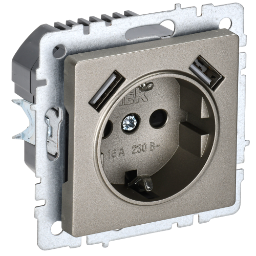 BRITE Розетка 1-местная с заземлением с защитными шторками 16А с USB A+A 5В 2,1А РЮш10-1-БрШ шампань IEK