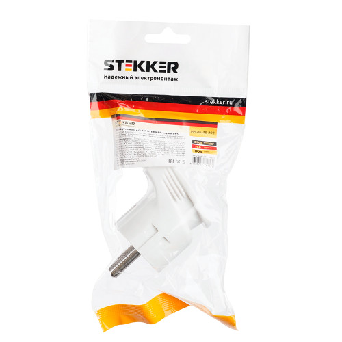 Вилка угловая с/з STEKKER, PPG16-46-202, пластик, 250В, 16A, IP20, белый
