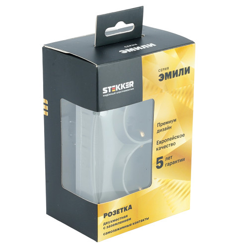 Розетка 2-местная с з/ш, с/з, СЗК, STEKKER, 250В, 16А, серия Эмили, RST16-5114-10ZK, платиново-серый, soft touch Розетка 2-местная с з/ш, с/з, СЗК, STEKKER, 250В, 16А, серия Эмили, RST16-5114-10ZK, платиново-серый, soft touch