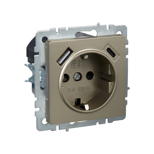 BRITE Розетка 1-местная с заземлением с защитными шторками 16А с USB A+C 18Вт РЮш11-1-БрШ шампань IEK