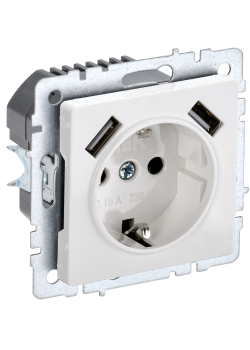 BRITE Розетка 1-местная с заземлением с защитными шторками 16А с USB A+A 5В 2,1А РЮш10-1-БрБ белый IEK