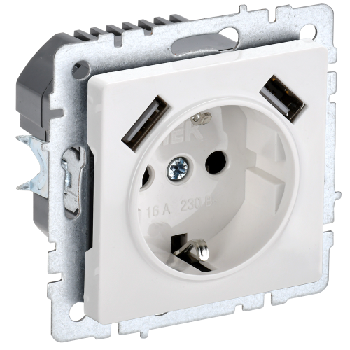 BRITE Розетка 1-местная с заземлением с защитными шторками 16А с USB A+A 5В 2,1А РЮш10-1-БрБ белый IEK