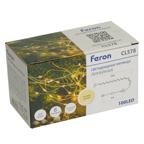 Светодиодная гирлянда Feron CL578 линейная Роса (на плоском проводе) 220V 2700К c питанием от сети Светодиодная гирлянда Feron CL578 линейная Роса (на плоском проводе) 220V 2700К c питанием от сети