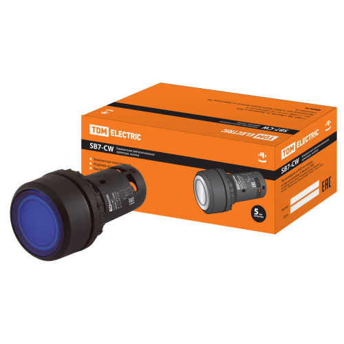 Кнопка SB7-CW3661 с возвратом, 1НО, d22 мм, с подсветкой 24 В LED, синяя, IP54 TDM