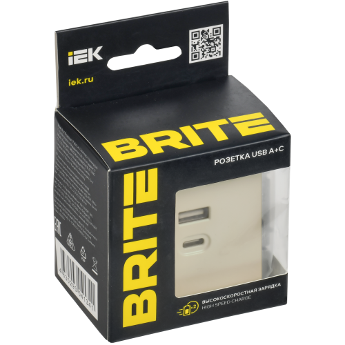 BRITE Розетка USB A+C 45Вт высокоскоростная зарядка РЮ11-2-БрКр бежевый IEK BRITE Розетка USB A+C 45Вт высокоскоростная зарядка РЮ11-2-БрКр бежевый IEK