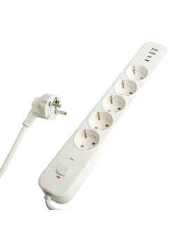 Сетевой фильтр 5-местный с/з STEKKER 3x1мм2, 5 м, 250В, 16А, 2 USB-A+2 Type-C 3, серия Nova, белый