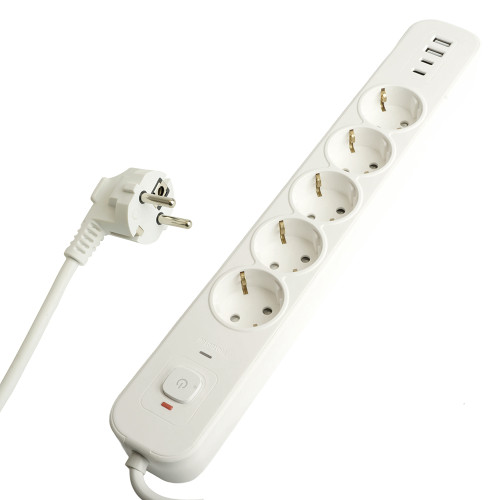 Сетевой фильтр 5-местный с/з STEKKER 3x1мм2, 5 м, 250В, 16А, 2 USB-A+2 Type-C 3, серия Nova, белый