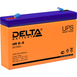 Батарея DELTA серия HR, HR 6-9, напряжение 6В, емкость 9Ач (разряд 20 часов),  макс. ток разряда (5 сек.) 135А, макс. ток заряда 2.55А, свинцово-кислотная типа AGM, клеммы F1, ДxШxВ 151х34х94мм., вес 1.37кг., срок службы 8 лет./ Battery DELTA series HR, H