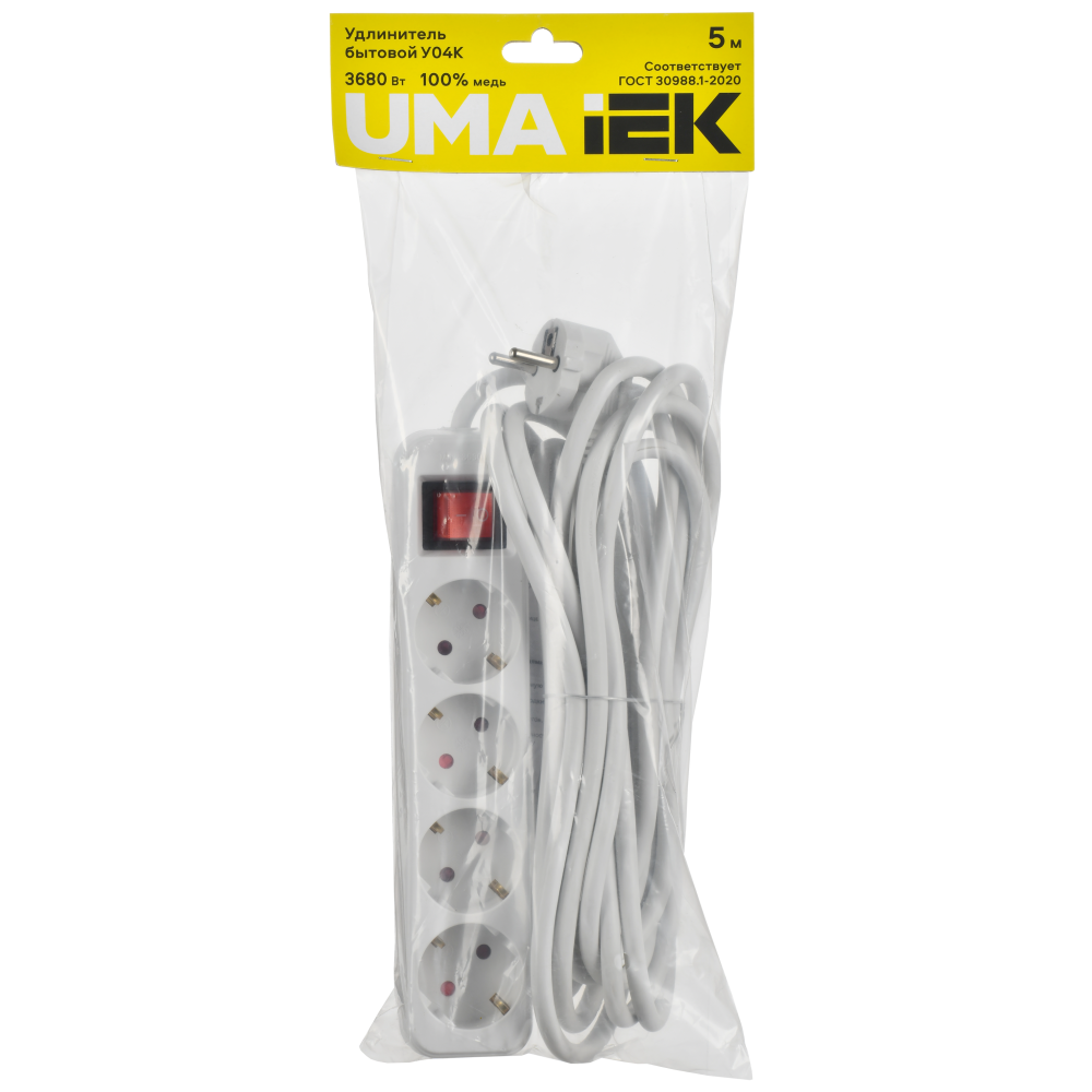 Удлинитель У04К 4 места 2P+PE 5м 3х1,5мм2 16А белый UMA IEK