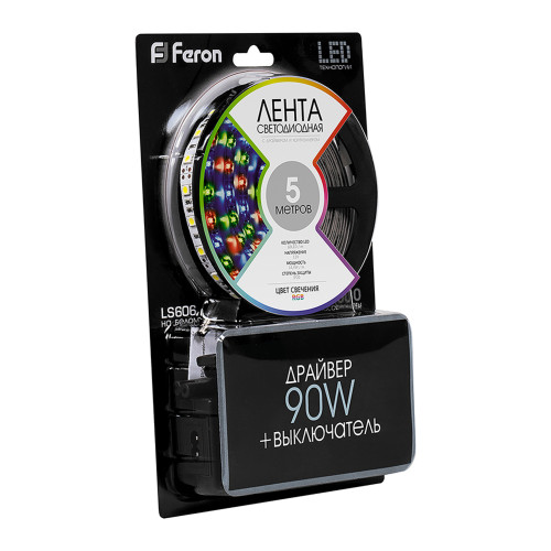 Светодиодная LED лента Feron LS606, 60SMD(5050)/m 14.4W/m 12V 5m RGB c адаптером с вилкой, контроллером с пультом в комплекте Светодиодная LED лента Feron LS606, 60SMD(5050)/m 14.4W/m 12V 5m RGB c адаптером с вилкой, контроллером с пультом в комплекте