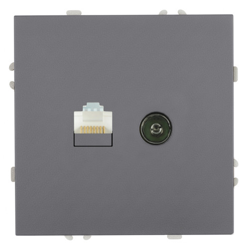 Розетка TV + компьютерная RJ-45 (механизм), STEKKER, серия Эмили, RST00-5106-10, платиново-серый, soft touch