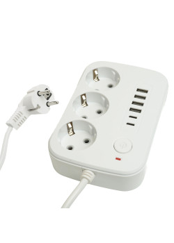 Удлинитель 3-местный c/з 3x1 мм2, 1,8 м, 250В, 10А, 4USB+2Type-C 2,4А, серия Home plus, белый STEKKER HM09-36-02