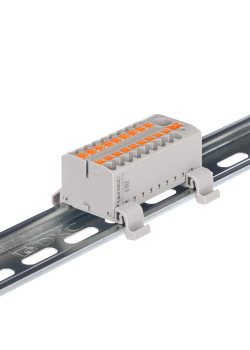 Блок распределительный с гориз. адаптером на рейку шириной 35мм, зажим push-in, 1 ввод 6 кв.мм, 18 точек подключения 2,5 кв.мм, серый