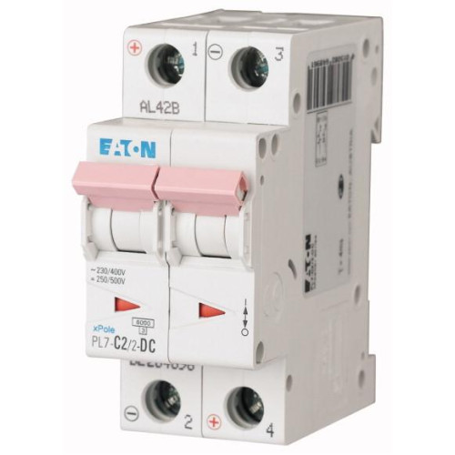 Выключатель автоматический модульный 2п C 2А 6кА PL7-C2/2-DC EATON 264896