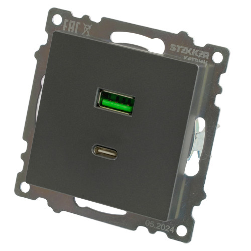 Розетка 2-местная USB + type C (механизм), 250В, 3А, max 20W, серия Катрин, графит, GLS10-7116-06 Розетка 2-местная USB + type C (механизм), 250В, 3А, max 20W, серия Катрин, графит, GLS10-7116-06