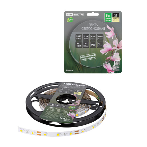 Лента светодиодная SMD2835-60 LED/м-IP20-12 В-4,8 Вт/м-3000 К (5 м) блистер TDM