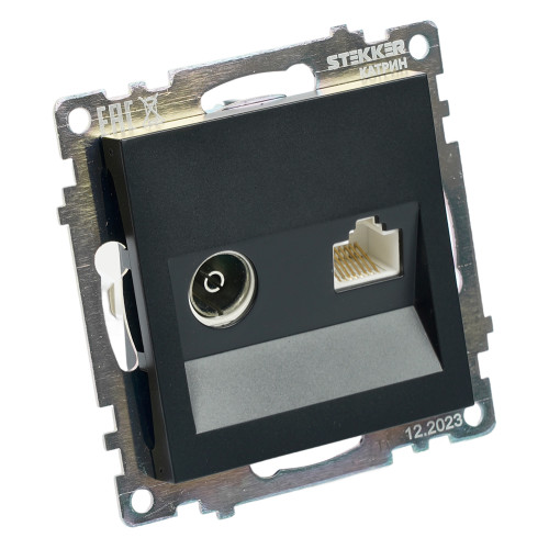 Розетка TV + компьютерная RJ-45 (механизм), STEKKER GLS00-7106-05, серия Катрин, черный Розетка TV + компьютерная RJ-45 (механизм), STEKKER GLS00-7106-05, серия Катрин, черный