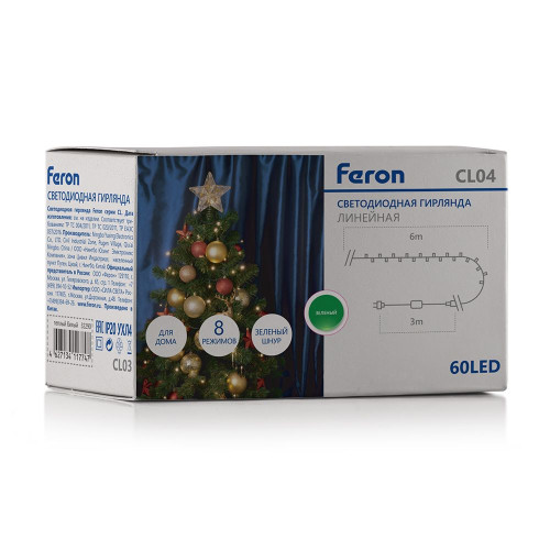 Светодиодная гирлянда Feron CL04 линейная 6м +3м 230V зеленый, с питанием от сети, контроллером, зеленый шнур Светодиодная гирлянда Feron CL04 линейная 6м +3м 230V зеленый, с питанием от сети, контроллером, зеленый шнур